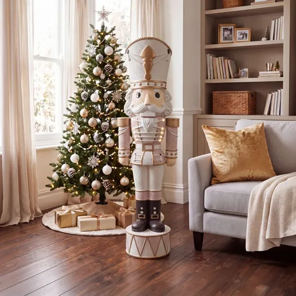Natural Luxe Otto nutcracker in cream and beige beside a Christmas tree in a living room