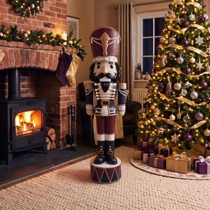 Elegant Heritage Otto, a 5ft nutcracker, standing between a log burner and a Christmas tree